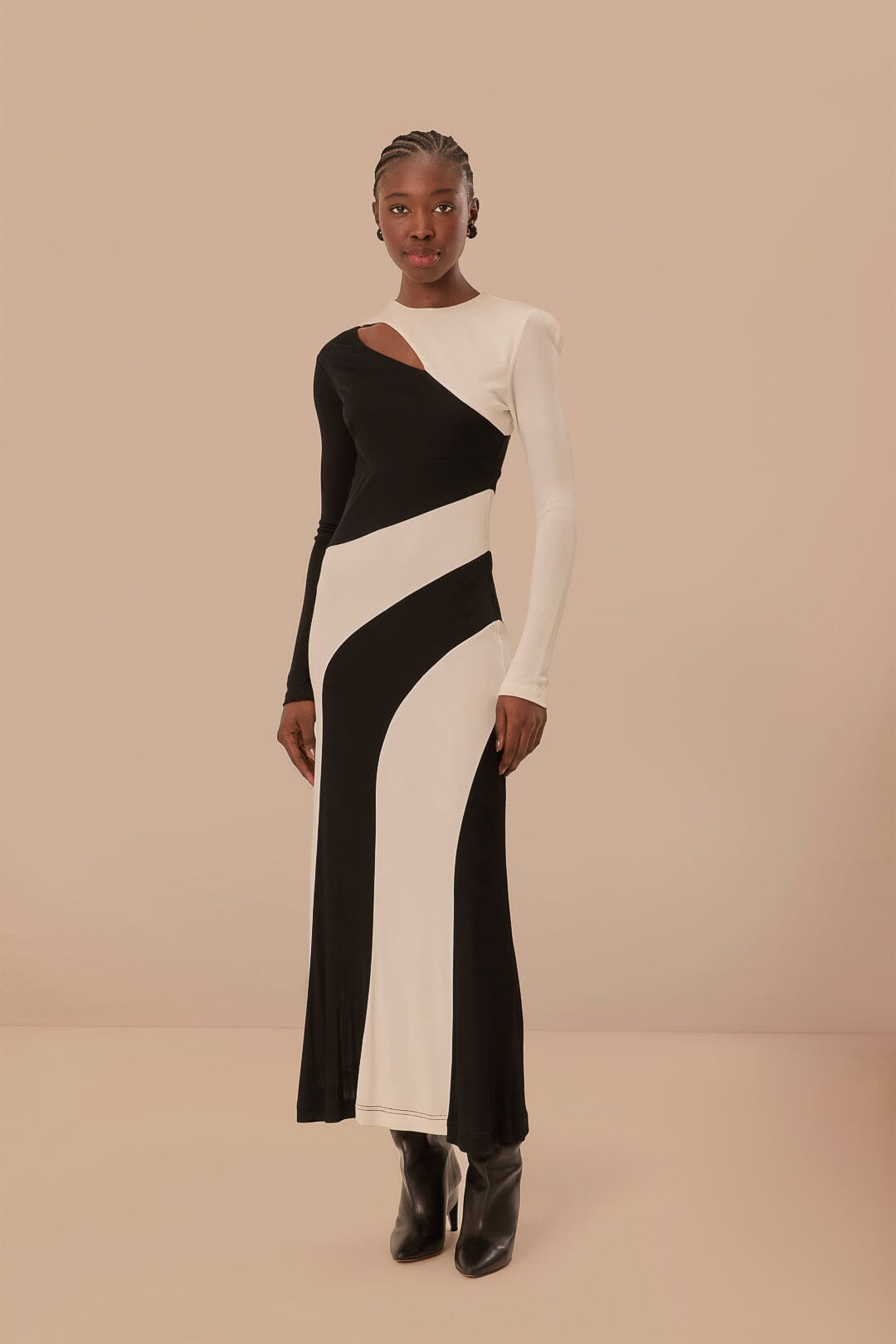 Black And White Cut-Out Long Sleeve Midi Dress, BLACK AND WHITE