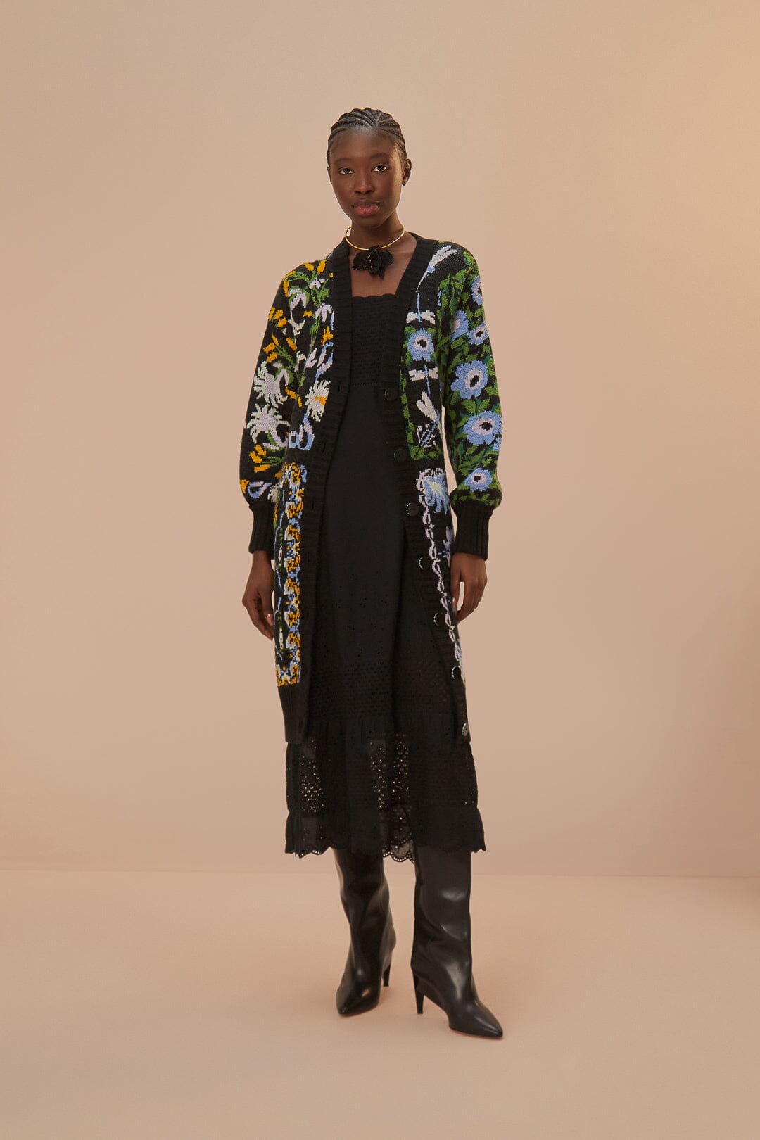 Black Winter Garden Knit Midi Cardigan, WINTER GARDEN BLACK
