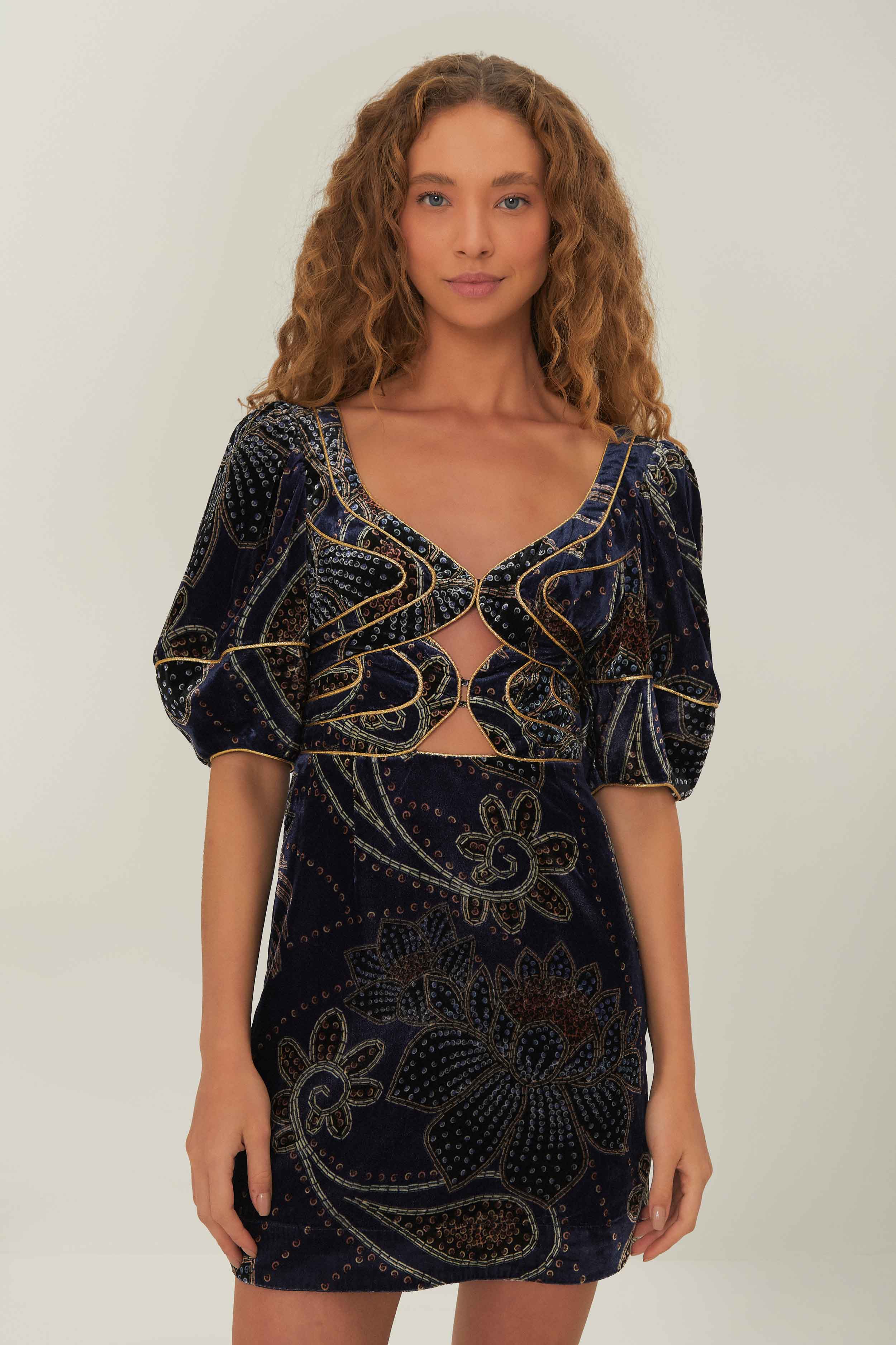 Blue Floral Glam Scarf Velvet Mini Dress, FLORAL GLAM SCARF BLUE