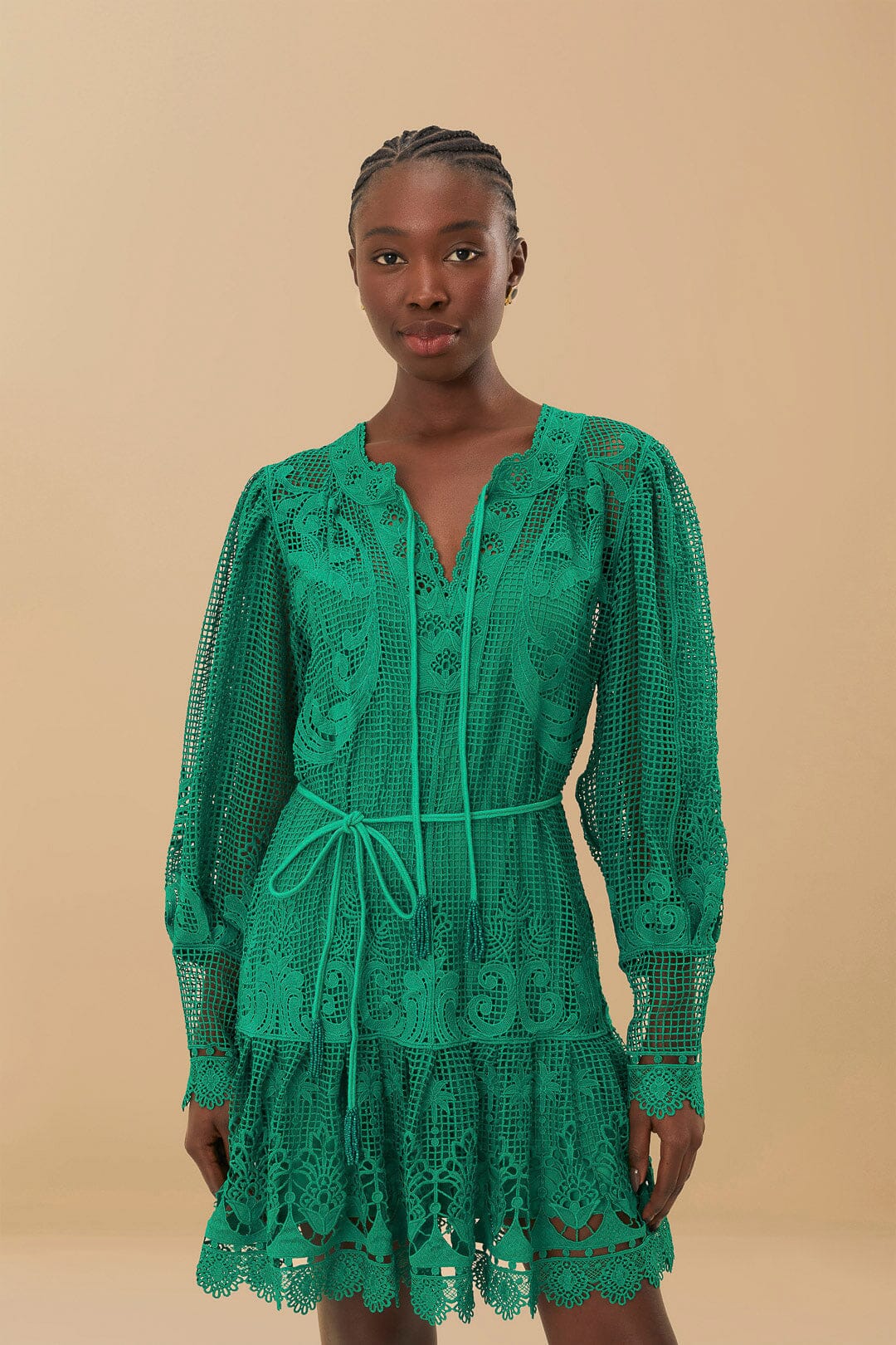 Green Tropical Flight Guipure Mini Dress, GREEN