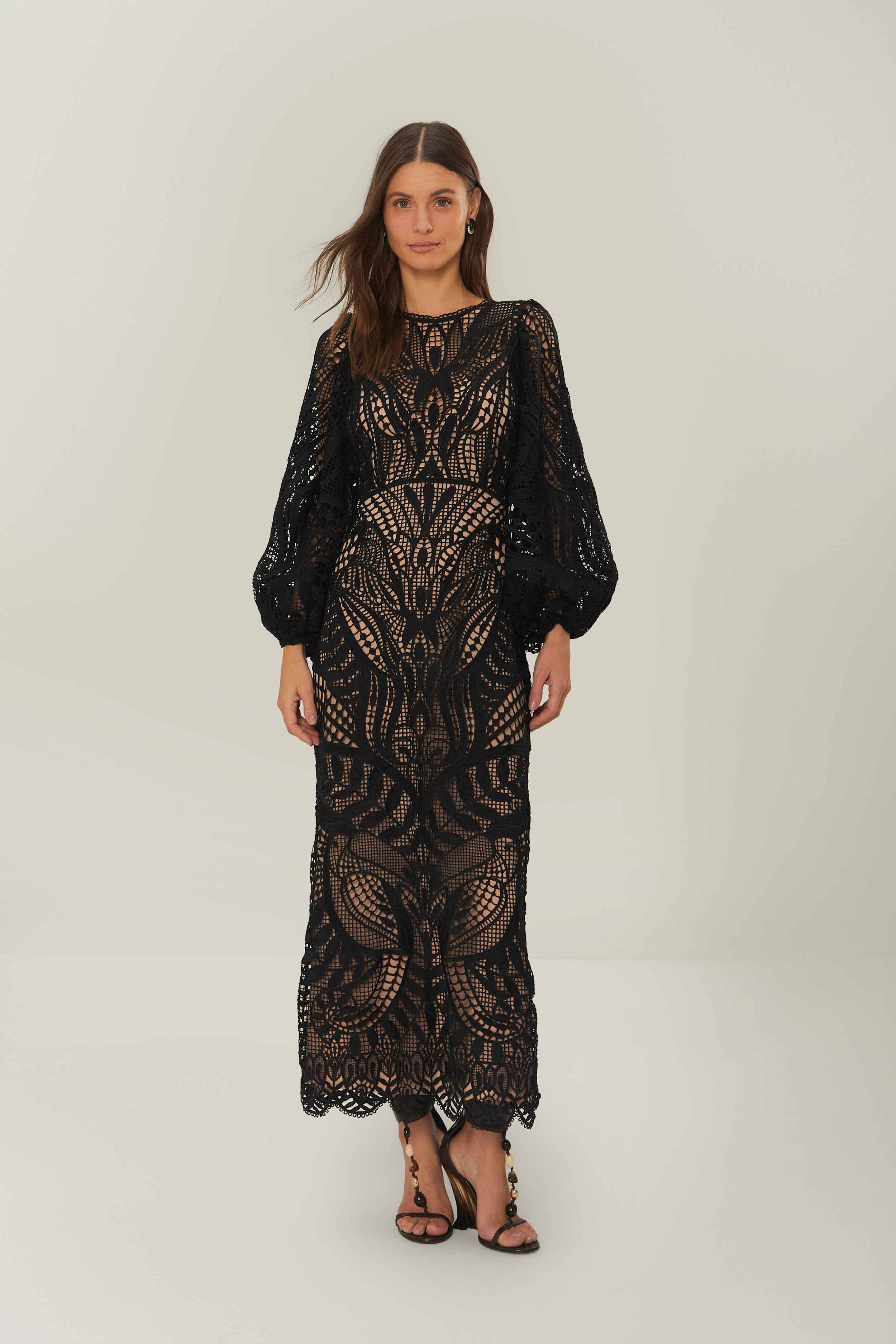 Black Nature Guipure Midi Dress, BLACK