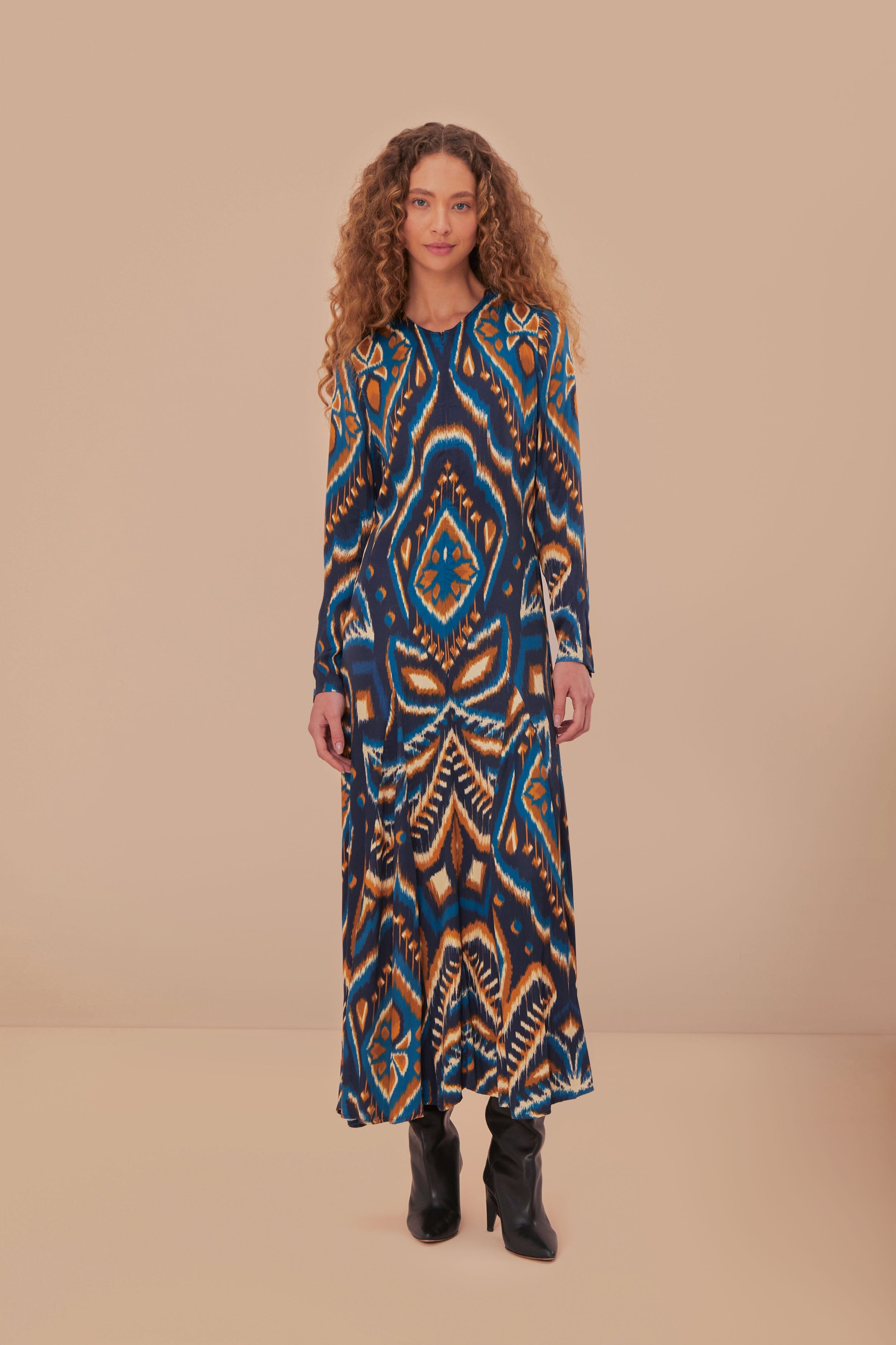 Blue Pineapple Ikat LENZING ECOVERO Viscose Maxi Dress, PINEAPPLE IKAT BLUE