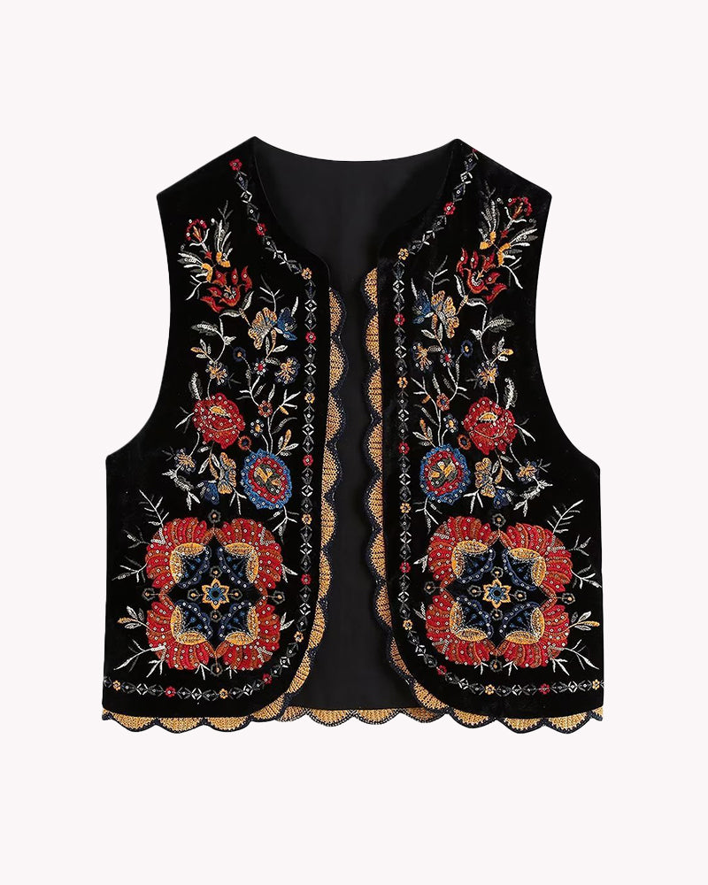 Zeagoo Women's Buttonless Retro Ethnic Style Embroidered Vest Sleeveless Cardigan Crop Top - PAT L-