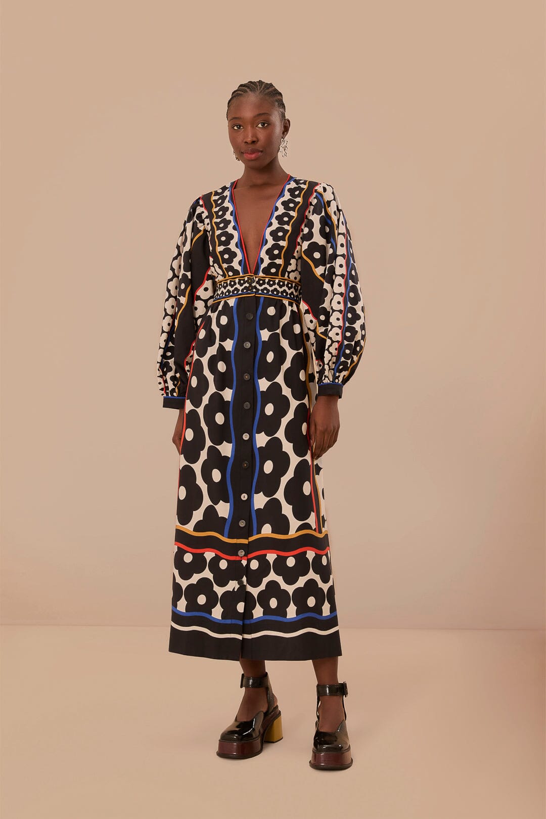 Black Farm Daisy Plunging Neck Maxi Dress, FARM DAISY MULTICOLOR