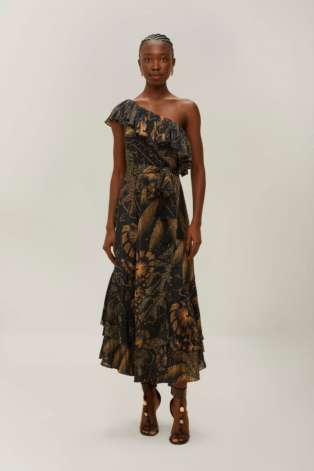 Black Golden Foliage One-Shoulder Maxi Dress, GOLDEN FOLIAGE BLACK