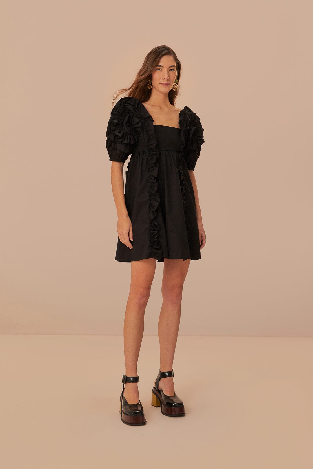 Black Ruffle Short Sleeve Mini Dress, BLACK