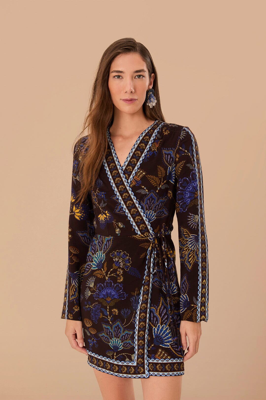 Brown Garden LENZING ECOVERO Viscose Wrap Mini Dress, EMBROIDERED GARDEN BROWN