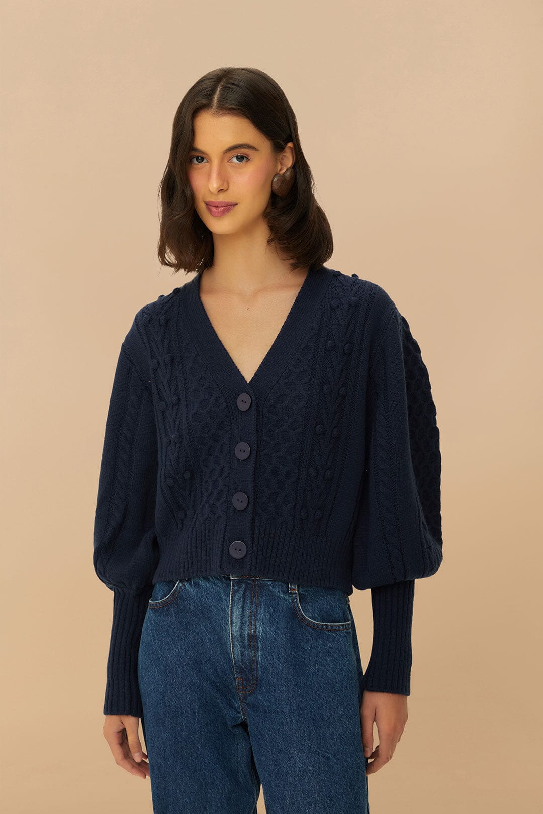 Navy Blue Mixed Stitches Knit Cardigan, DARK BLUE