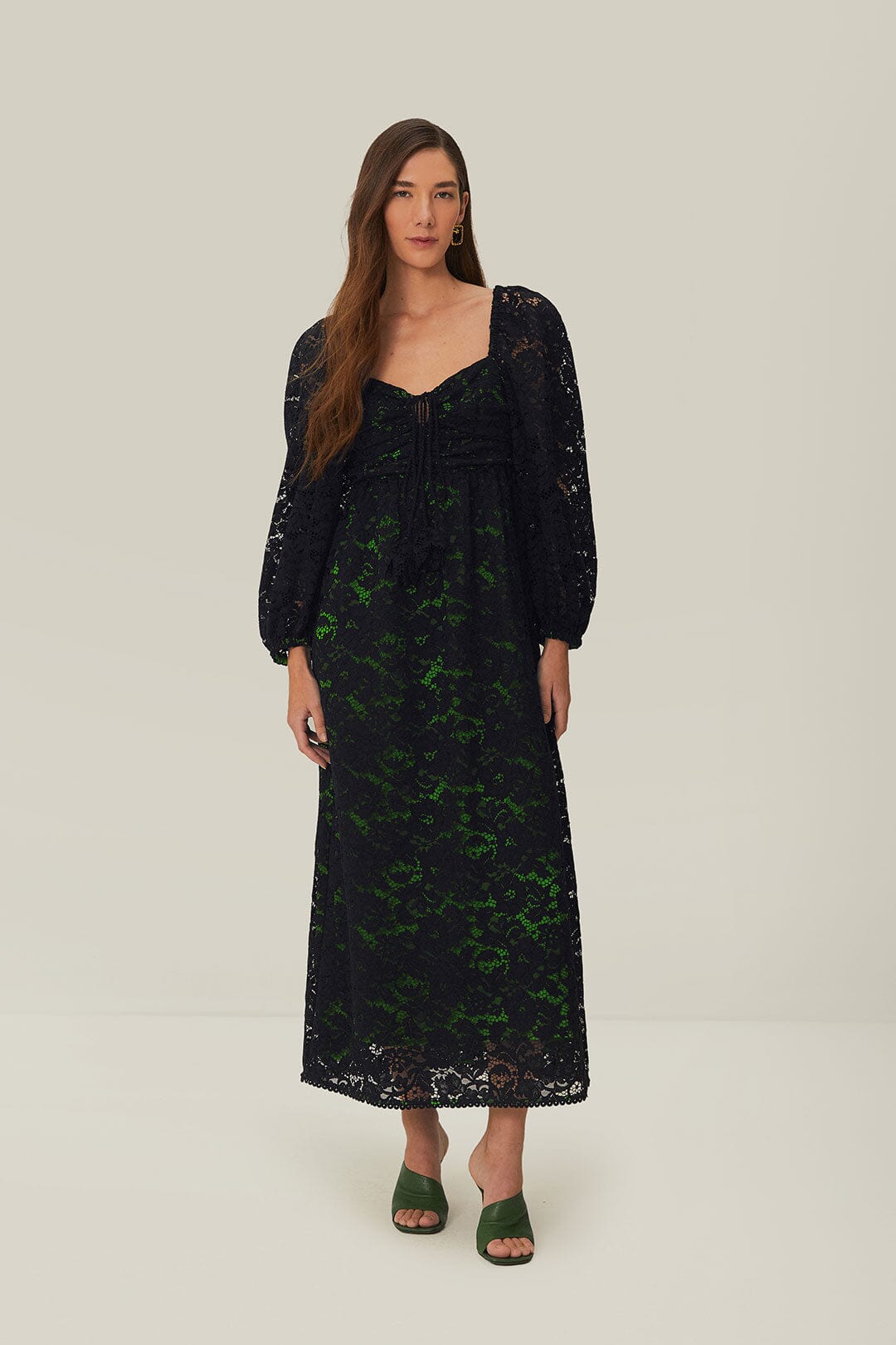 Black Lace Long Sleeve Midi Dress, BLACK