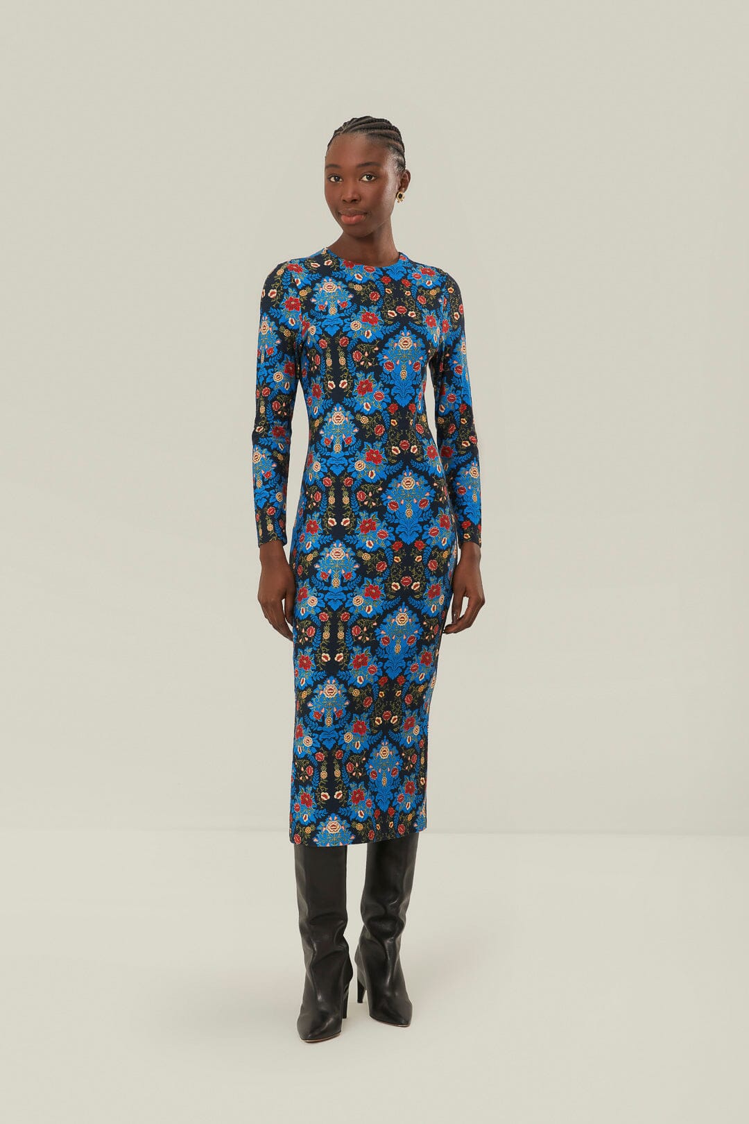 Blue Arabesque Floral Jersey LENZING ECOVERO Midi Dress, ARABESQUE FLORAL BLUE