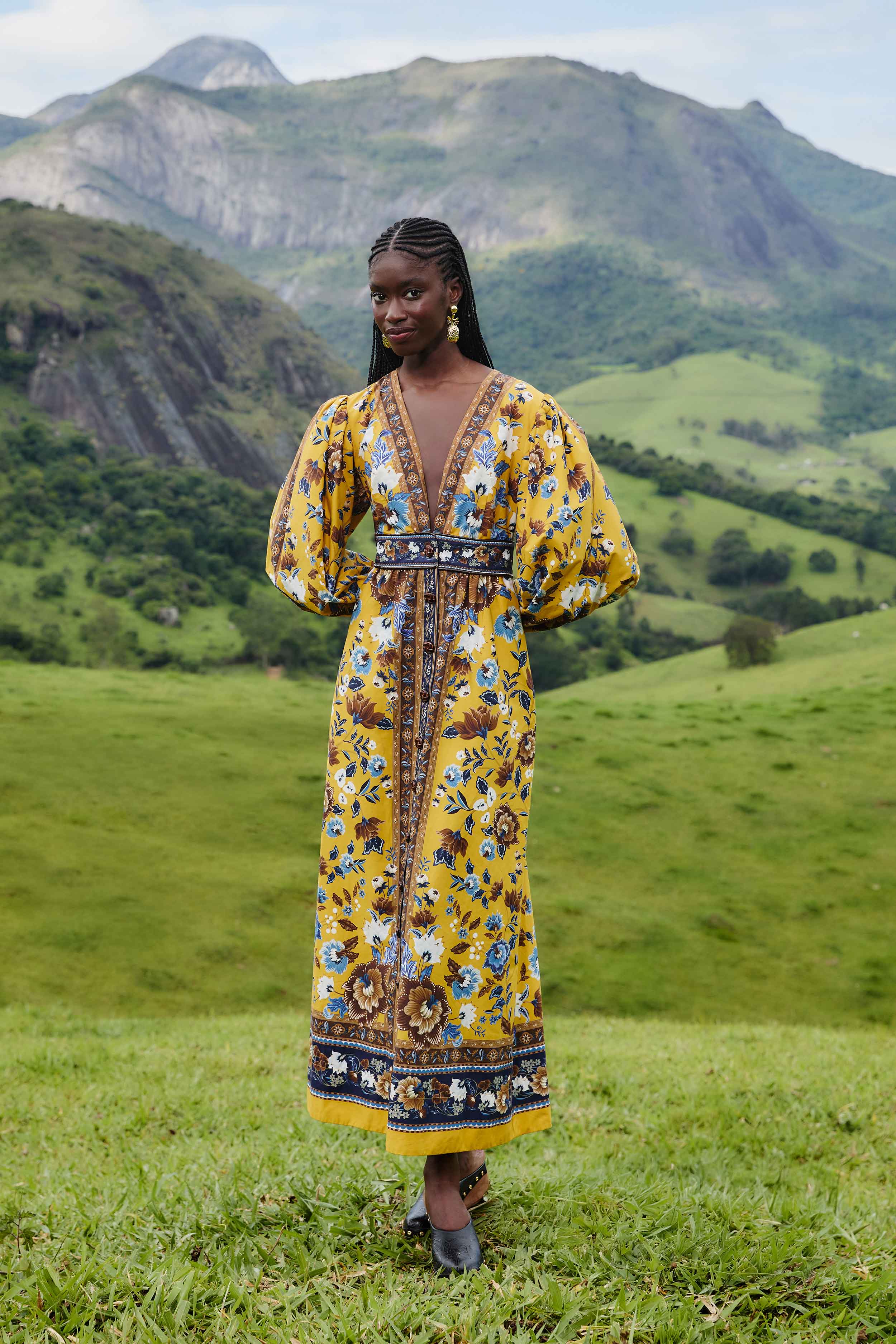 Yellow Flowering Garden Tree Organic Cotton Maxi Dress, FLOWERING GARDEN TREE YELLOW