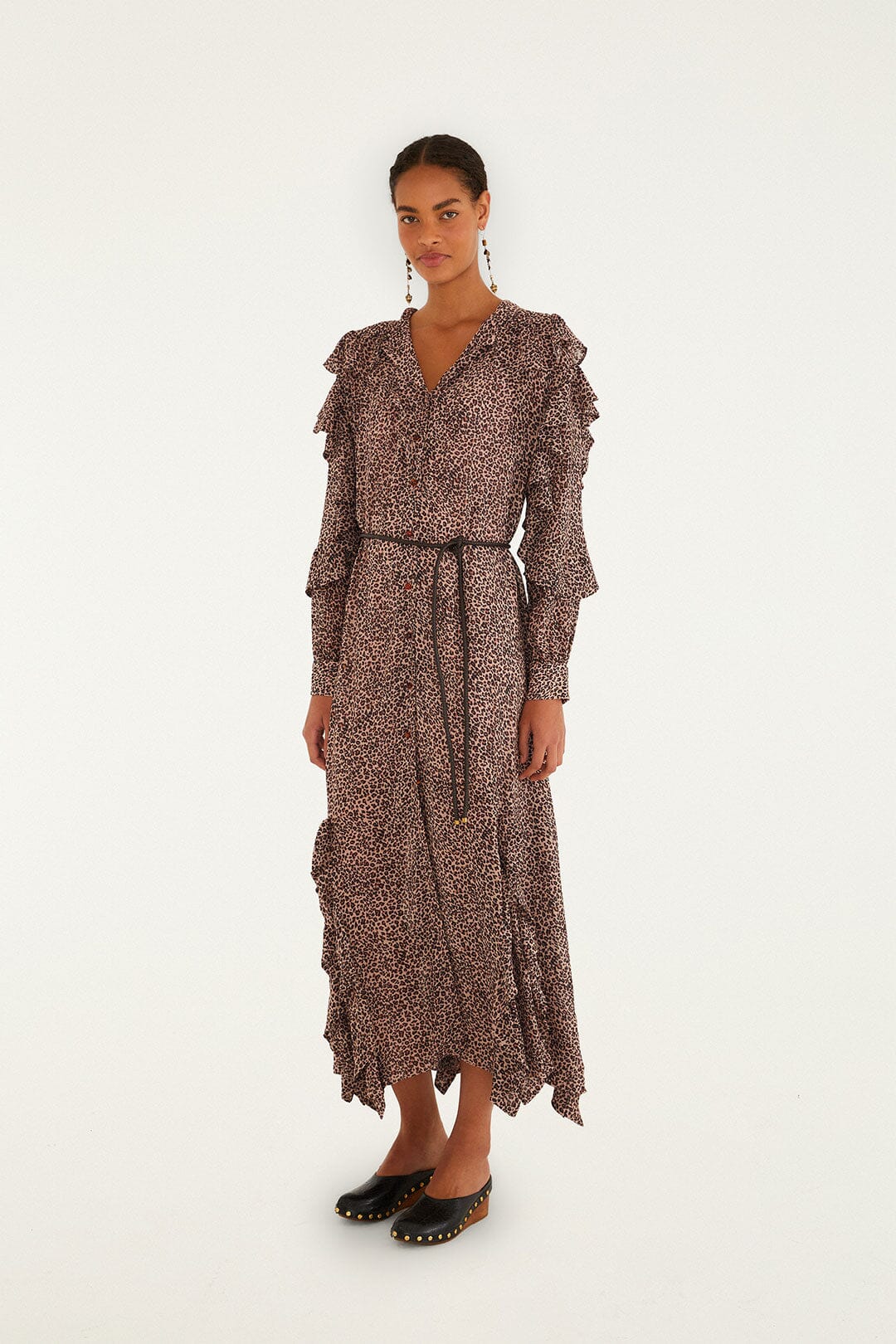 Pink Baby Leopard Long Sleeve Angled Frill Maxi Dress, BABY LEOPARD PINK