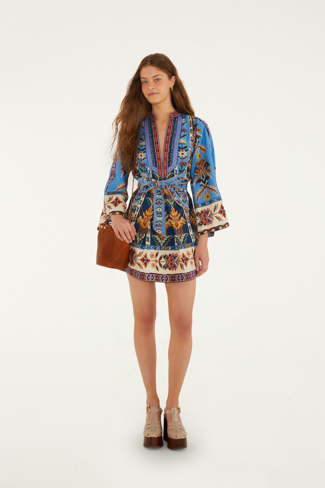 Blue Embroidered Tapestry Organic Cotton Mini Dress, EMBROIDERED TAPESTRY BLUE