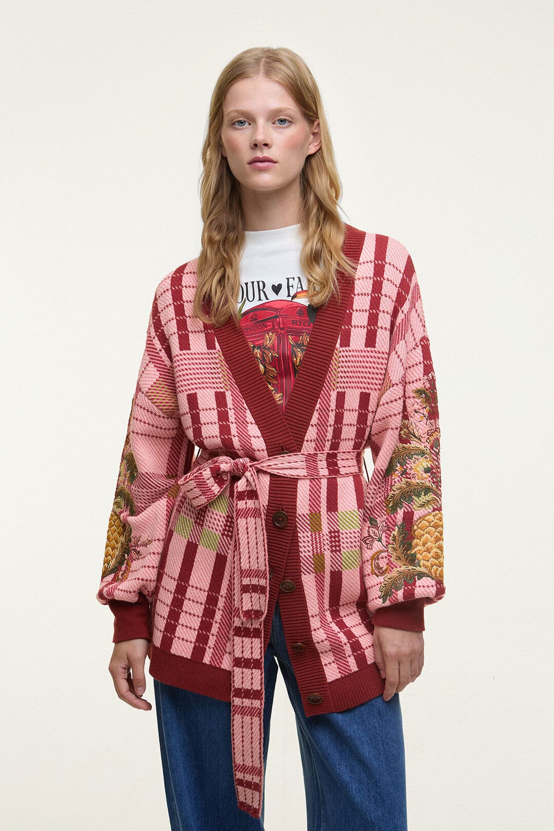 Luisa Embroidered Cardigan, TARTAN PINK