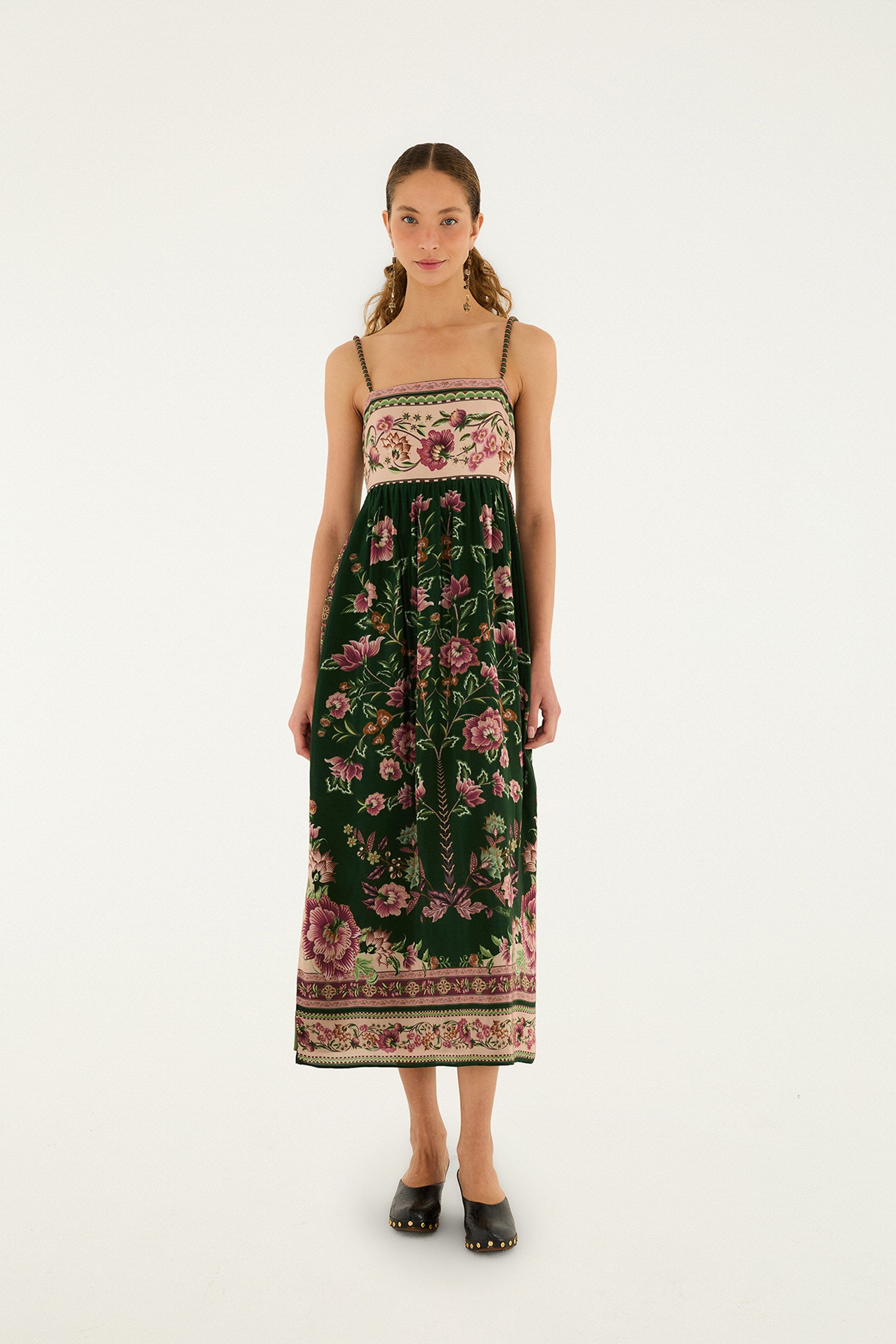 Green Flowering Garden Tree Sleveeless Midi Dress, FLOWERING GARDEN TREE GREEN