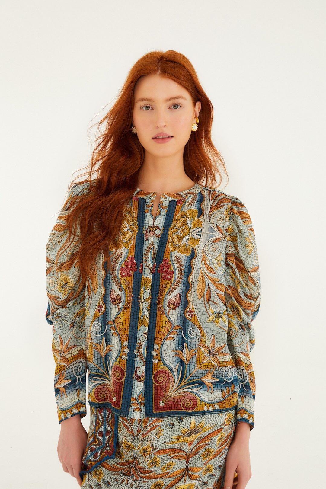 Blue Mosaic Garden Long Sleeve Blouse, MOSAIC GARDEN SOFT BLUE