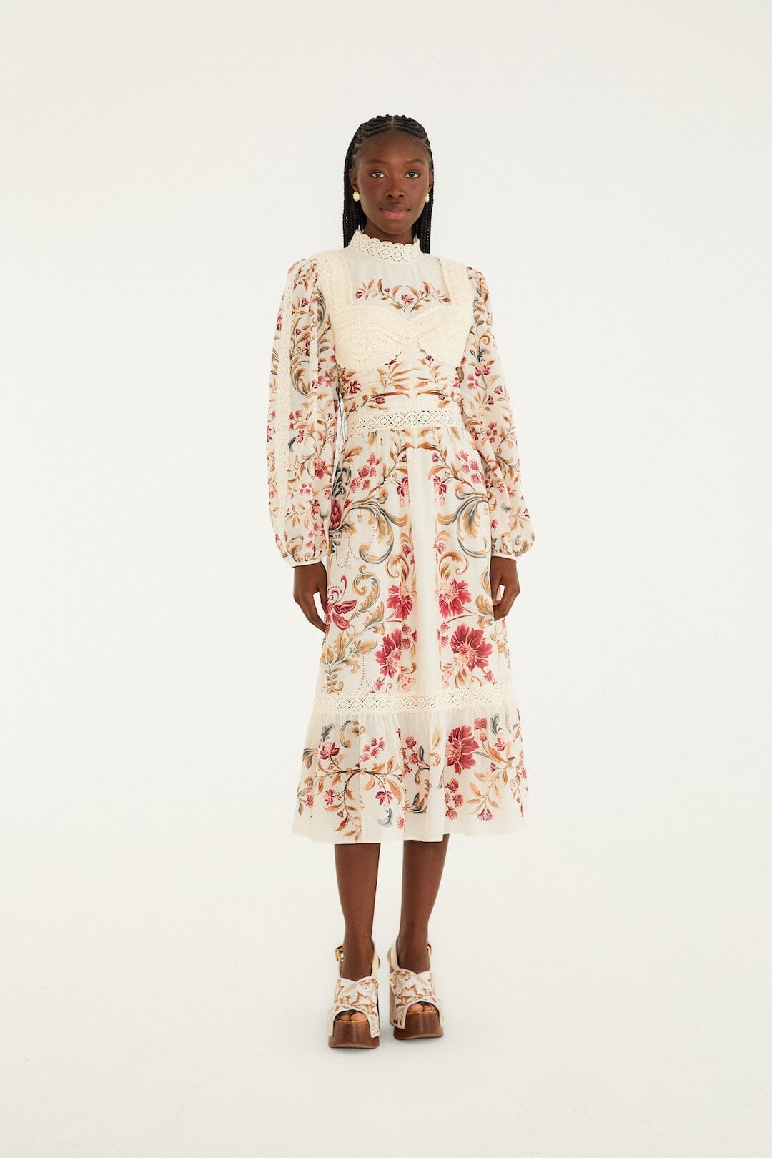 Cream Royal Garden Long Sleeve Crochet Midi Dress, MALU WINTER WHITE