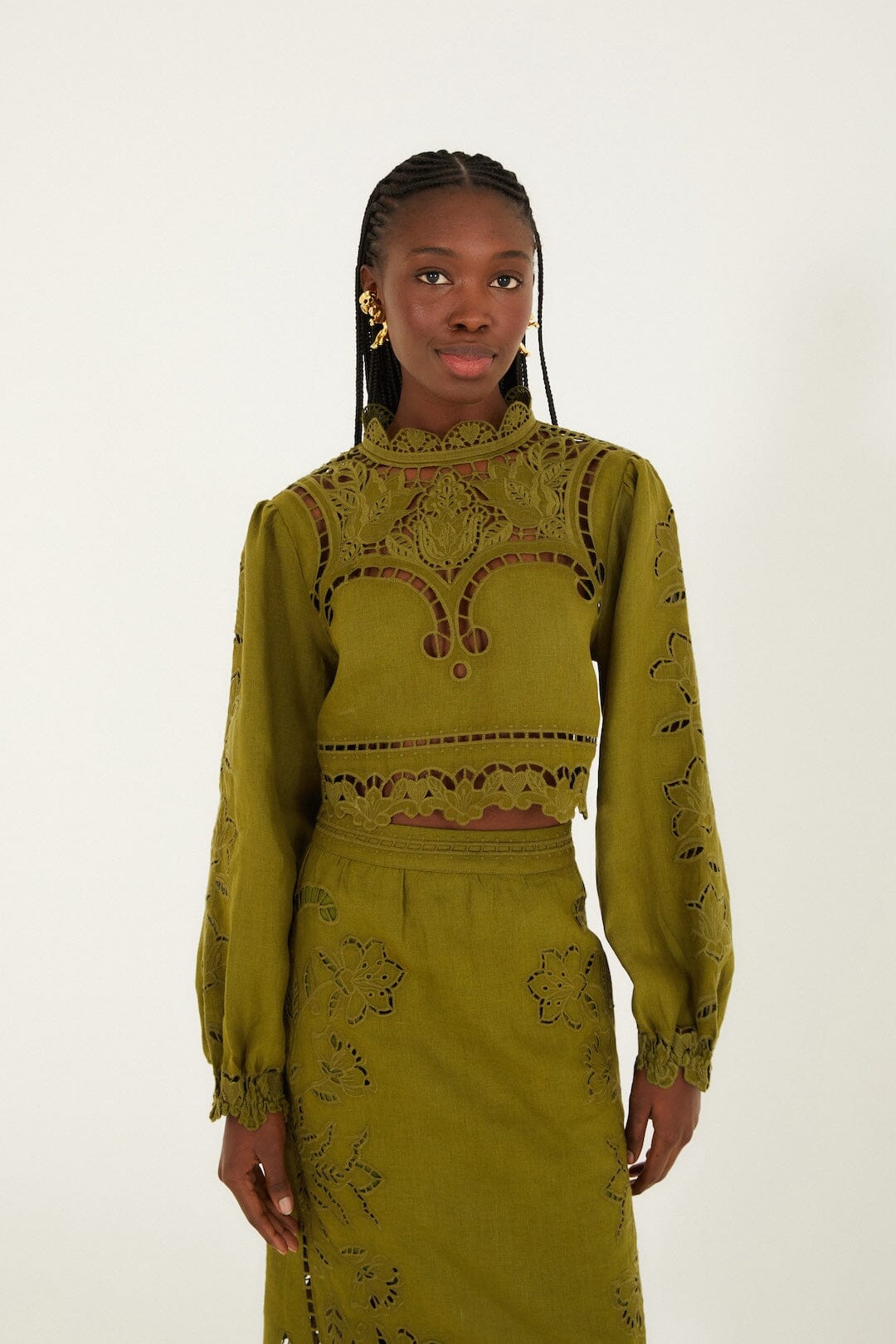 Green Majestic Garden Euroflax_x_ Premium Linen Richelieu Blouse, GREEN