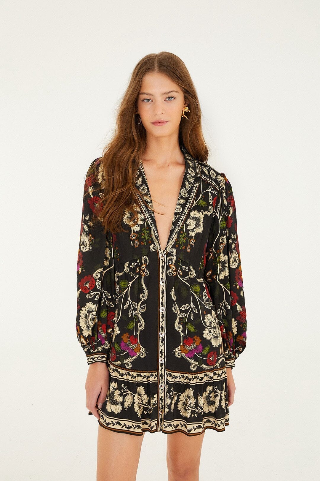 Black Rococo Flowers Lenzing Ecovero Viscose Mini Dress, ROCOCO FLOWERS BLACK