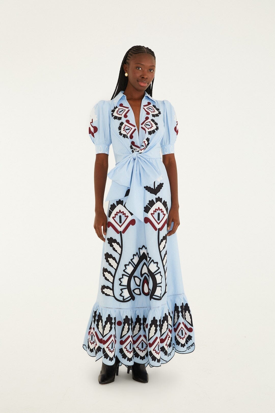 Blue Artisanal Embroidered Lace Front Bow Maxi Dress, BLUE