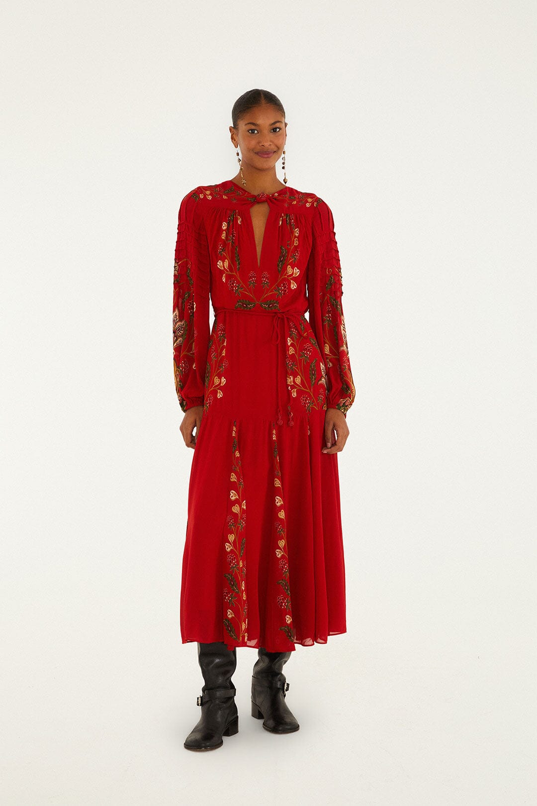 Red Berry Garden Long Sleeve Pleated Maxi Dress, BERRY GARDEN RED