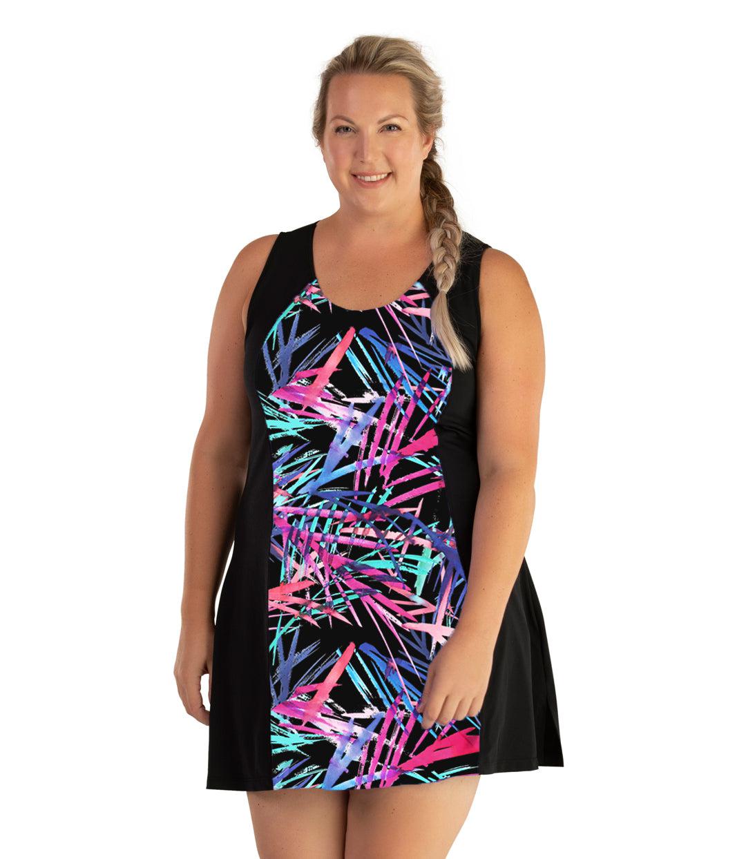 AquaSport Crossback Swim Dress Sunset Palm Print Black - FINAL SALE, X Sunset Palm Print Black