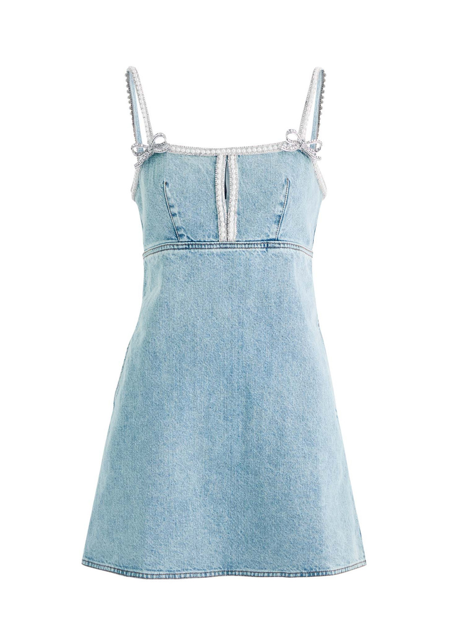 Self-portrait Bow Embellished Denim Mini Dress - Light Blue - M