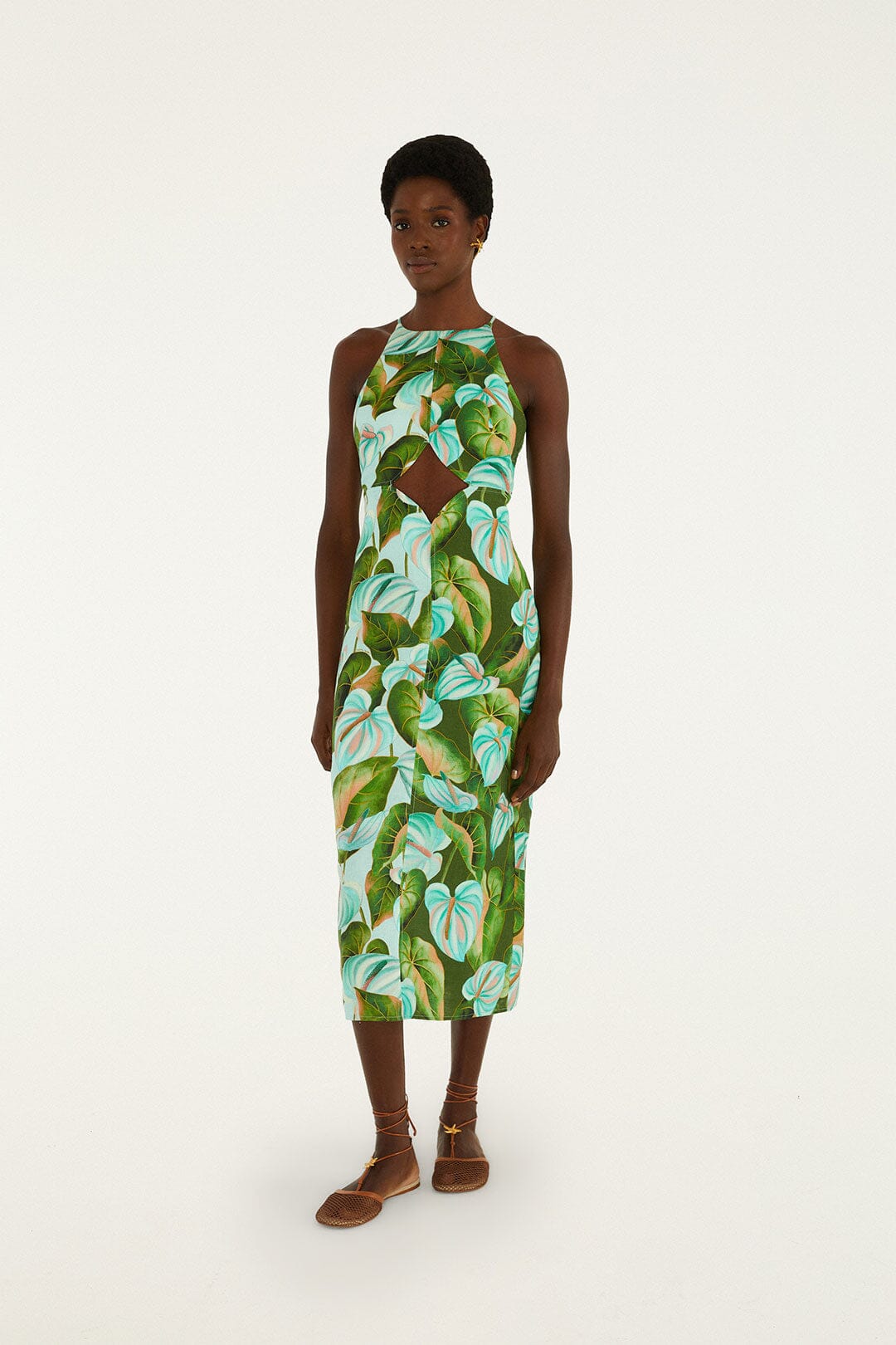 Green Anthurium Leaves Cut-Out Euroflax Premium Linen Midi Dress, ANTURIUM LEAVES GREEN