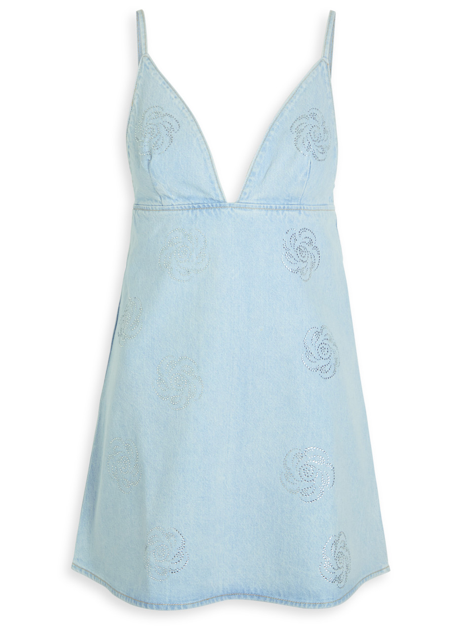 Rotate Crystal-embellished Denim Mini Dress - Light Blue -