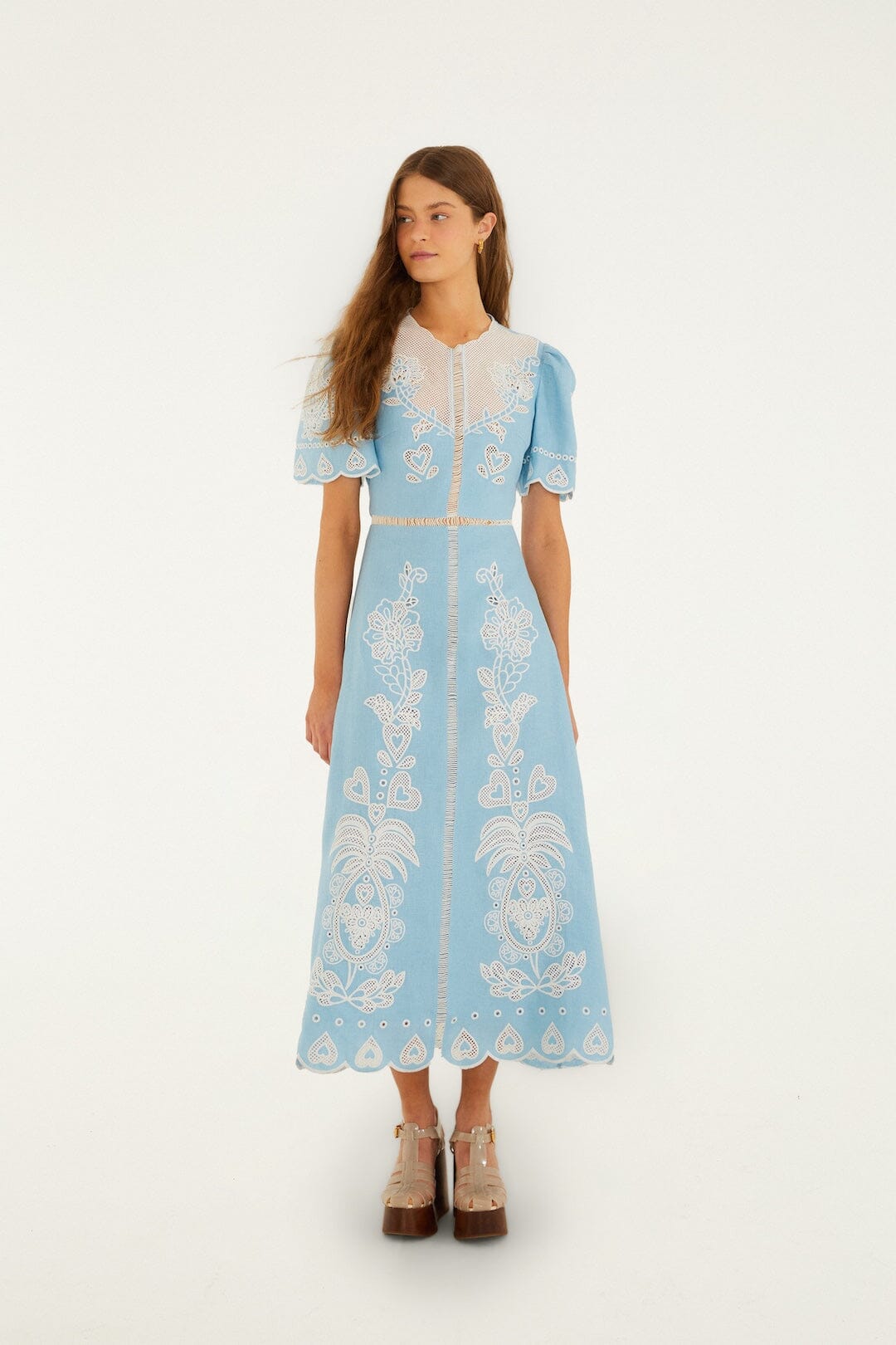 Light Blue Embroidered Euroflax Premium Linene Midi Dress, BLUE