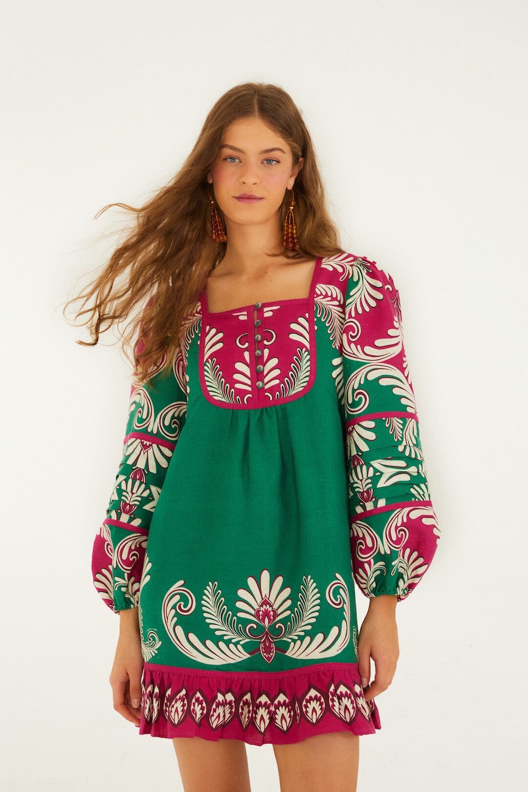 Multicolor Spring Arabesc Long Sleeve Euroflax Premium Linen Mini Dress, SPRING ARABESC MULTICOLOR