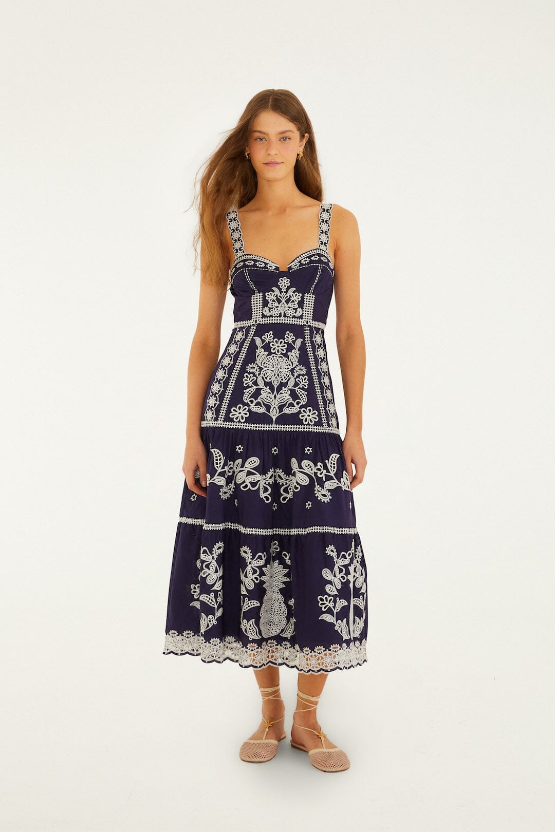 Blue Richelieu Embroidered Organic Cotton Midi Dress, BLUE