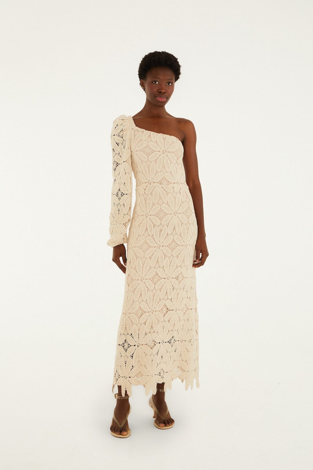 Off-White One-Shoulder Crochet Flower Maxi Dress, OFF