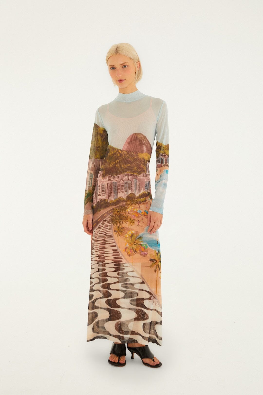 Multicolor Copacabana Beach Long Sleeve Maxi Dress, COPACABANA BEACH MULTICOLOR