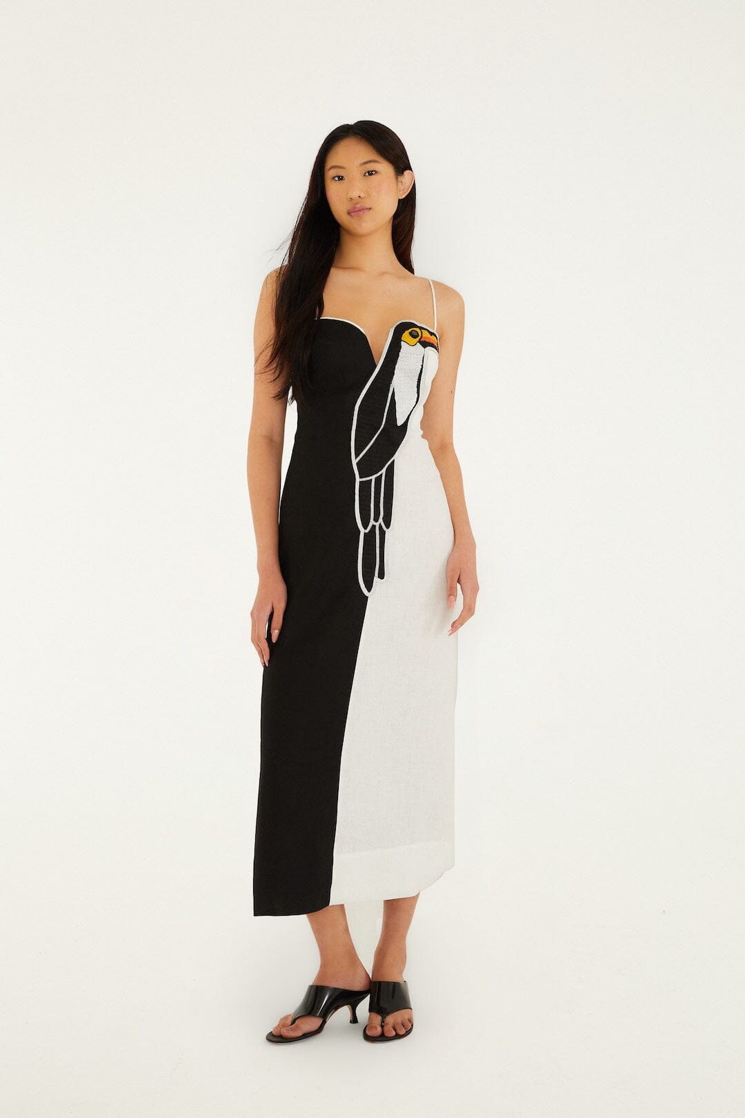 Black And White Embroidered Toucan Euroflax Premium Linen Sleeveless Maxi Dress, BLACK AND WHITE