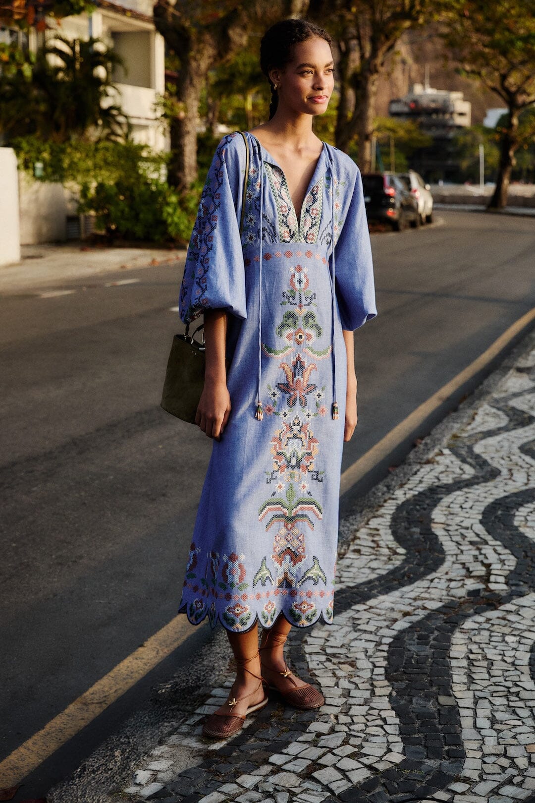 Blue Garden Tapestry Embroidered Long Sleeve Midi Dress, GARDEN TAPESTRY BLUE