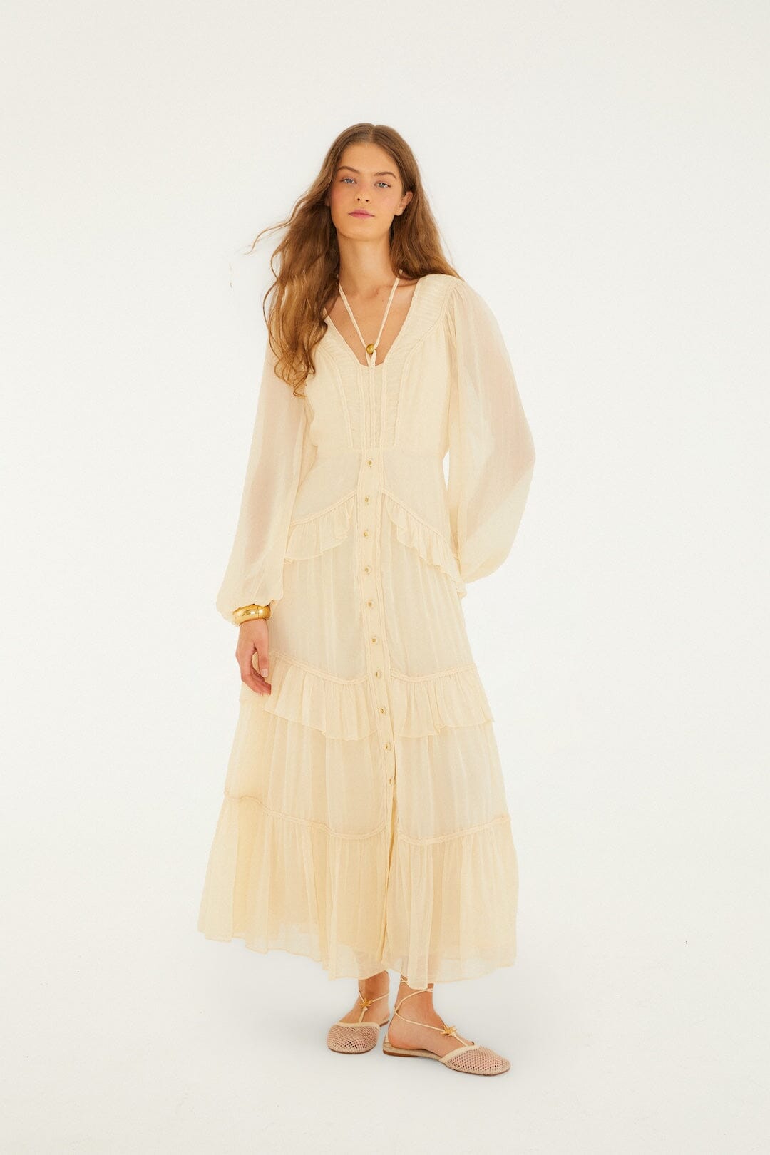 Butter Yellow Ruffled Buttoned Maxi Dress, YELLOW