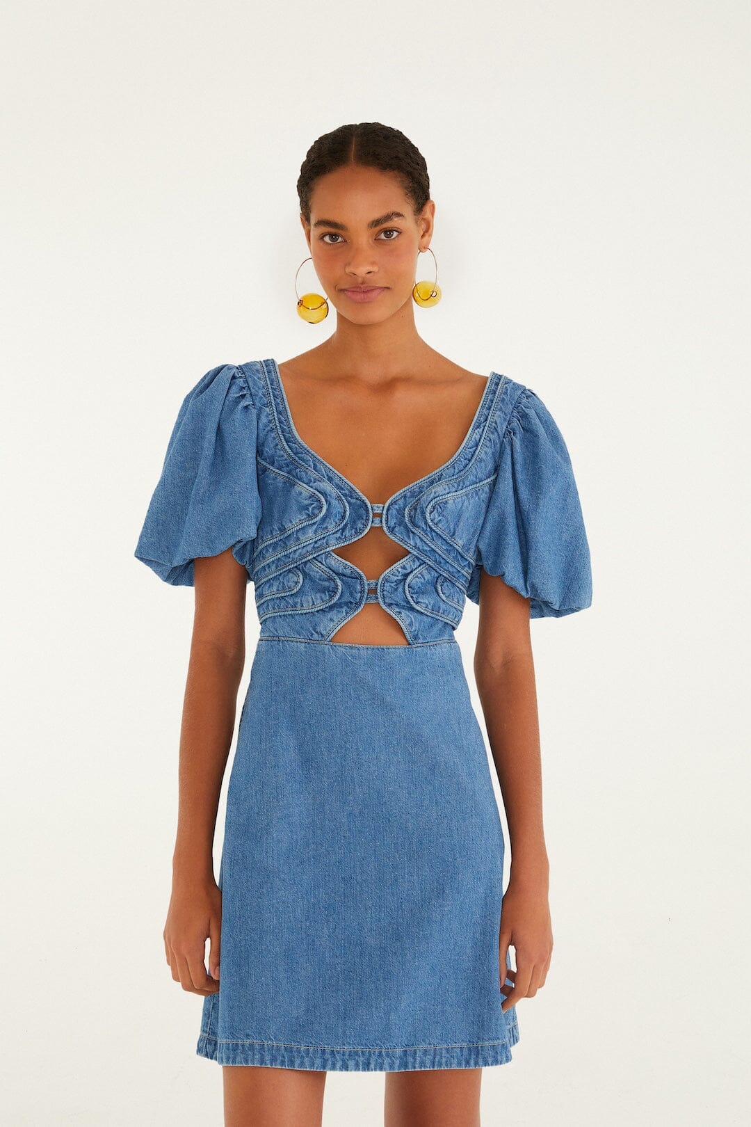 Denim Wavy Cut-Out Puff Sleeve Mini Dress, DENIM