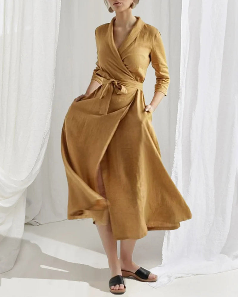 Mid-sleeve Tie Lapel Large Swing Dress Solid Color Casual Dress - Yellow S