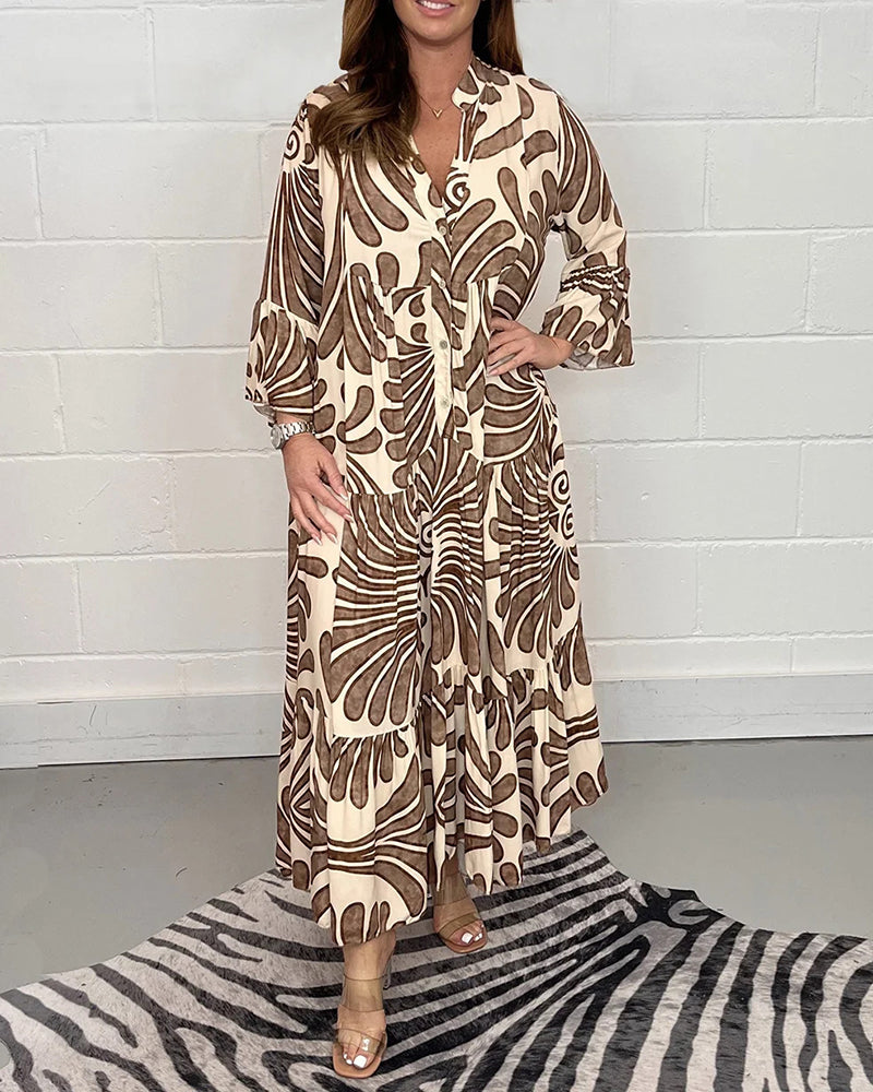 Printed Shirt Dresses V-Neck Three Quarter Sleeves Midi Dress - Brown