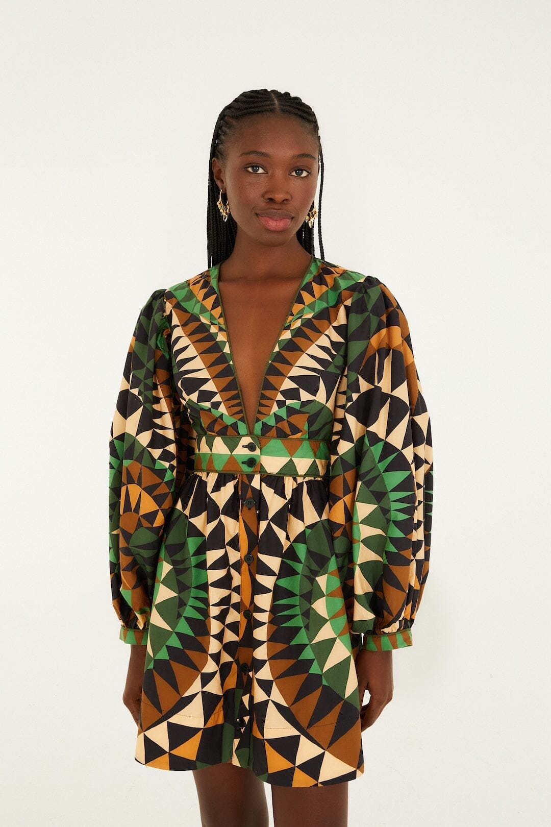 Green Heart Deco Puff Sleeve Organic Cotton Mini Dress, HEART DECO GREEN