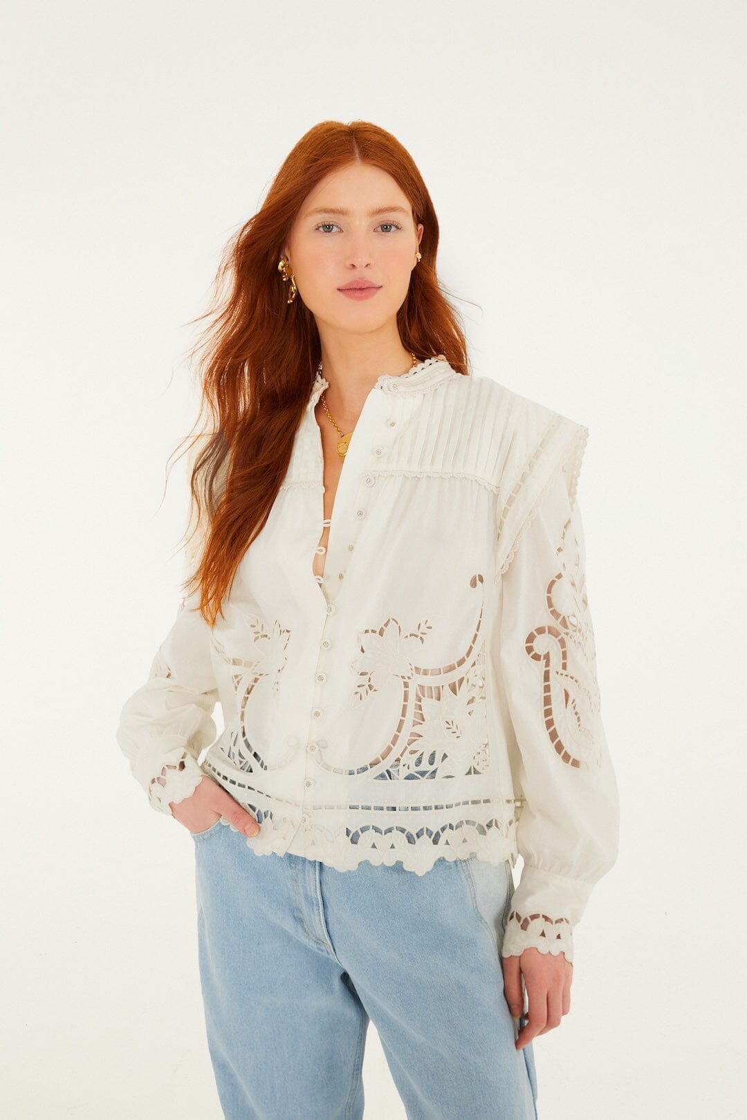 Off-White Richelieu Puff Sleeve Organic Cotton Blouse, OFF