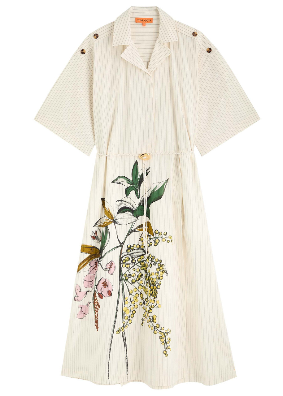 Stine Goya Striped Printed Cotton Midi Shirt Dress - Cream - L L