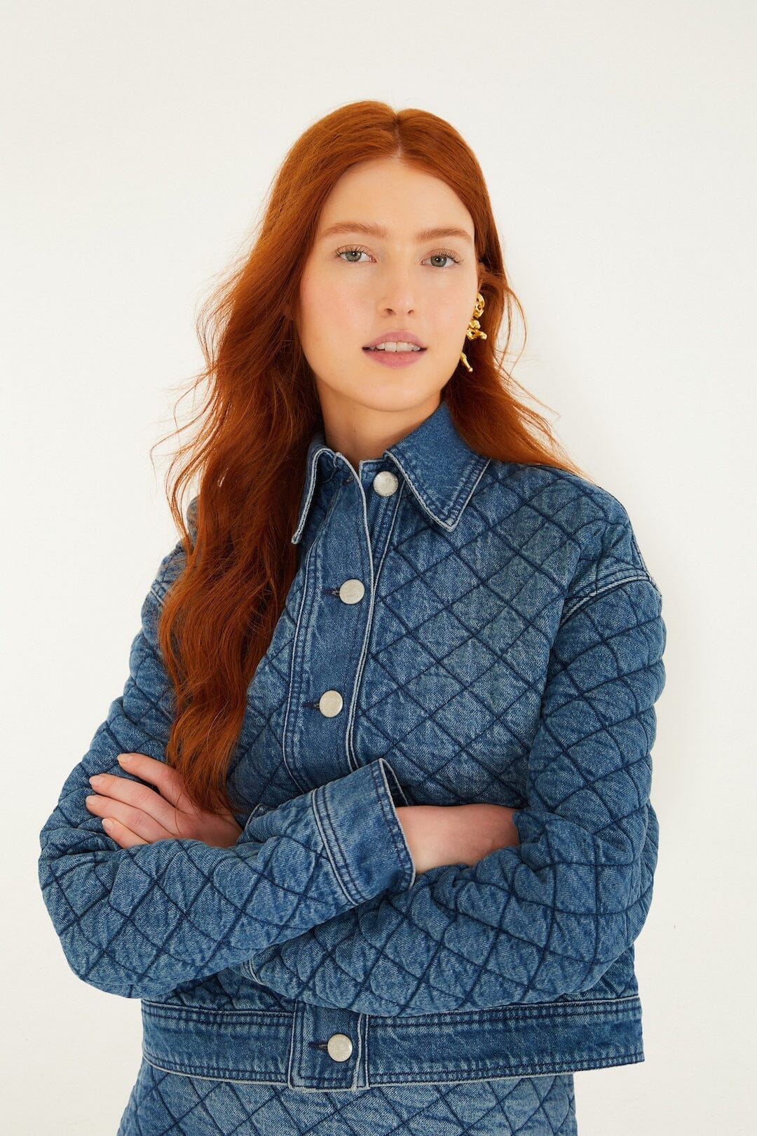 Denim Buttoned Quilted Bomber Jacket, DENIM