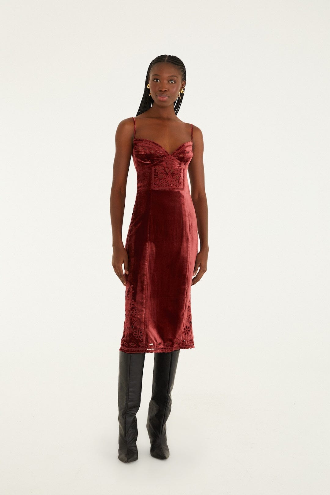 Burgundy Cut-Out Flowers Sleeveless Midi Dress, BURGUNDY