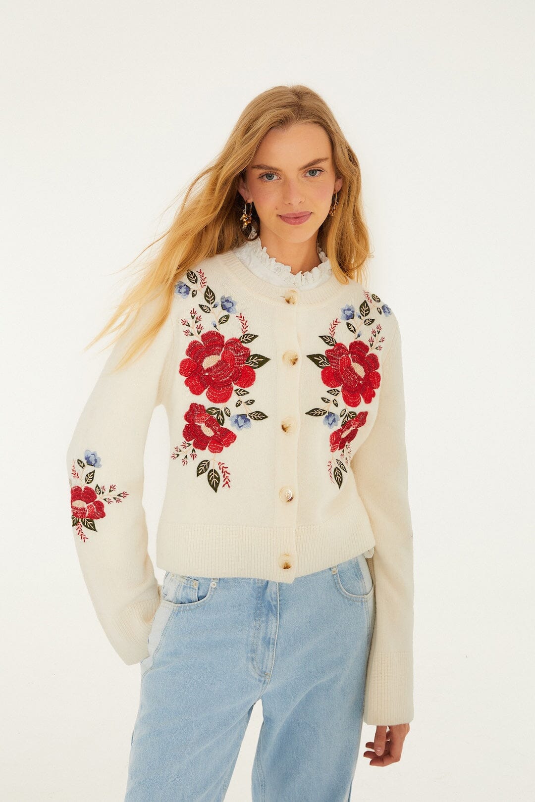 Cream Embroidered Flowers Buttoned Knit Cardigan, CREAM