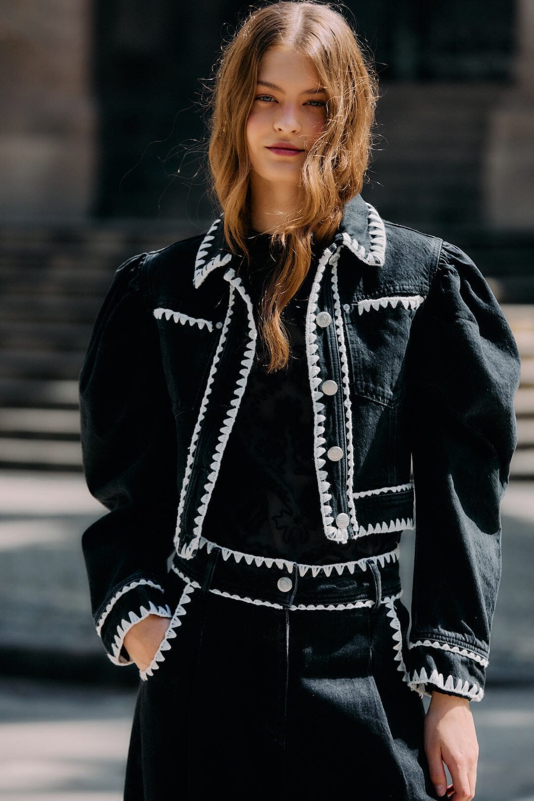 Black Romantic Crochet Embroidery Puff Sleeve Denim Jacket, BLACK DENIM