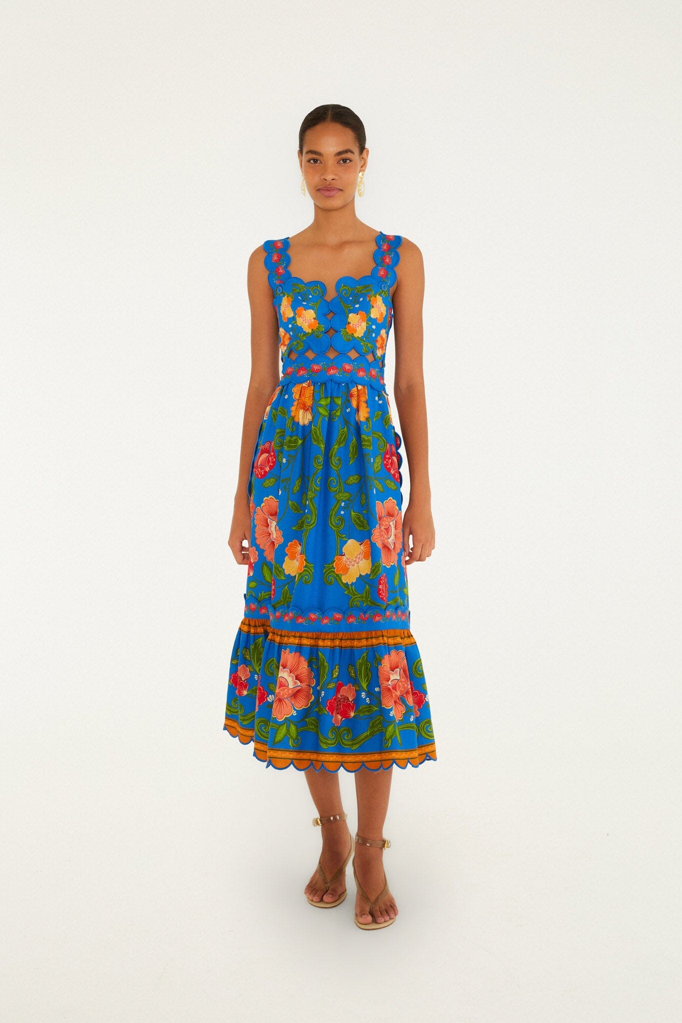 Bright Blue Rococo Flowers Midi Dress, ROCOCO FLOWERS BRIGHT BLUE