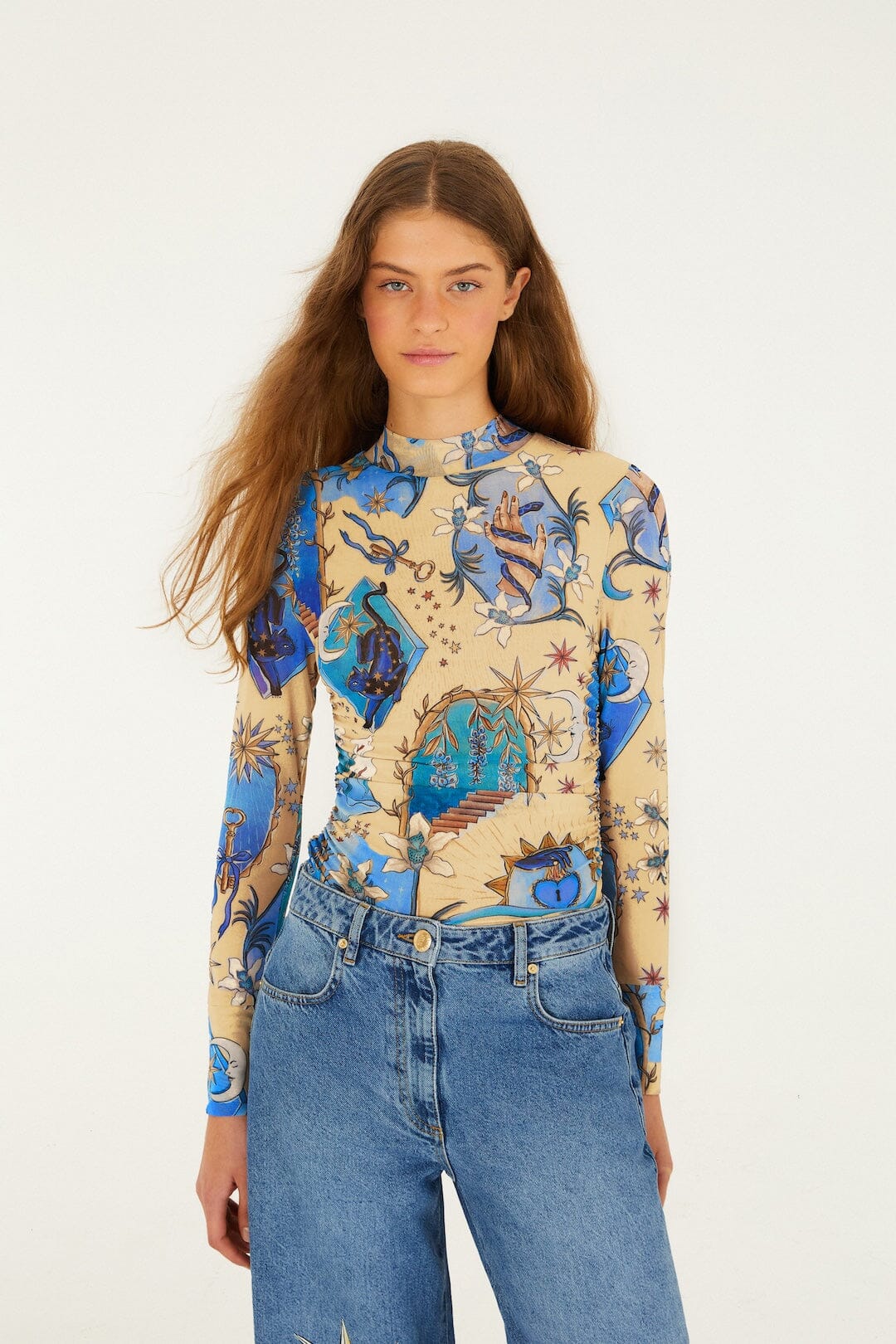 Sand Mystical Long Sleeve Tulle Blouse, MYSTICAL BLUE