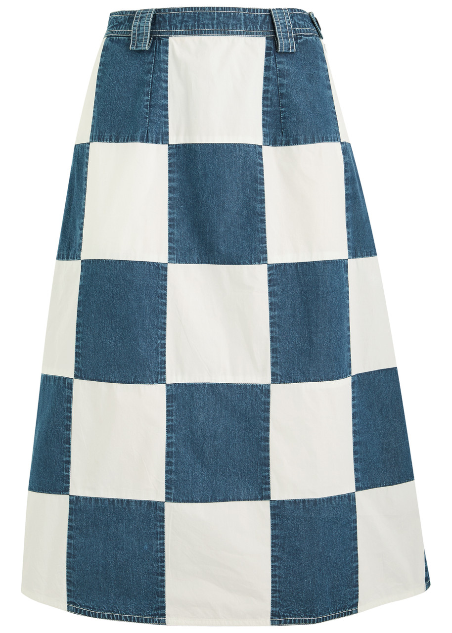 Lovebirds Darcey Checked Cotton and Denim Midi Skirt - Blue And White